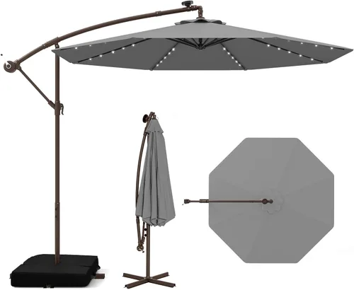 Miniatura 11 de Tangkula Sombrilla de patio de 10 pies con base incluida, sombrilla voladiza para exteriores con 40 luces LED solares, ajuste de inclinación, mango