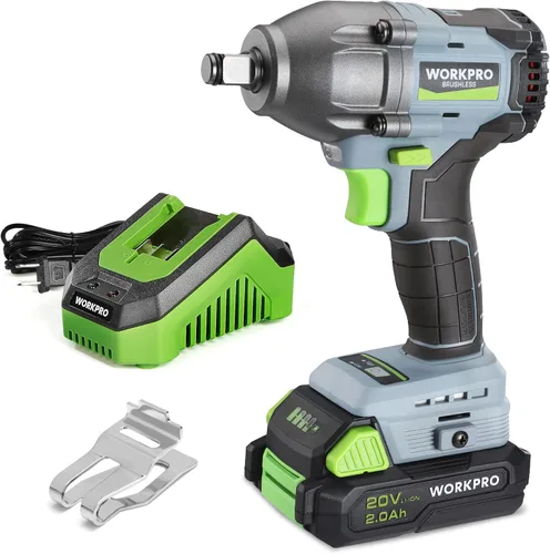 WORKPRO Llave de impacto inalámbrica de 20 V de 1/2 pulgada, pistola de impacto sin escobillas con batería y cargador, alto par de torsión de 370