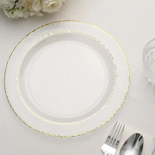 Miniatura 10 de Efavormart - Paquete de 10 platos de postre de plástico martillado de oro rosa rubor de 7.5 pulgadas con borde dorado, platos redondos desechables