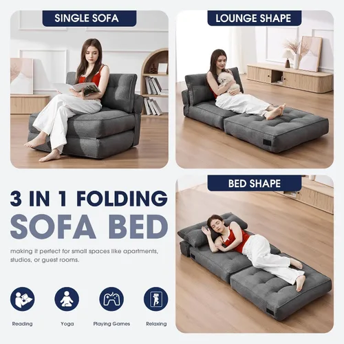 Miniatura 5 de KINGYES Silla de Cama Plegable, Silla Convertible 3 en 1 con Almohada, Silla Futón Plegable para Sala de Estar, Gris Gris (Mist Gray)