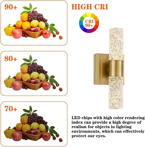 Miniatura 9 de Juego de 2 apliques de pared LED de cristal, lámparas de baño de oro cepillado, modernas luces de baño con LED con cable para dormitorio, sala