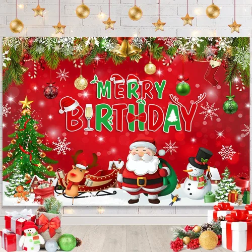 AIBIIN Telón de fondo de Navidad rojo y verde de 7 x 5 pies para niños, decoración de fiesta de cumpleaños, Papá Noel, reno, árbol de Navidad, copo