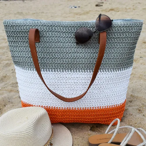 Miniatura 40 de Bolso grande de paja para mujer, tejido de ratán, bolso de playa de verano, a rayas