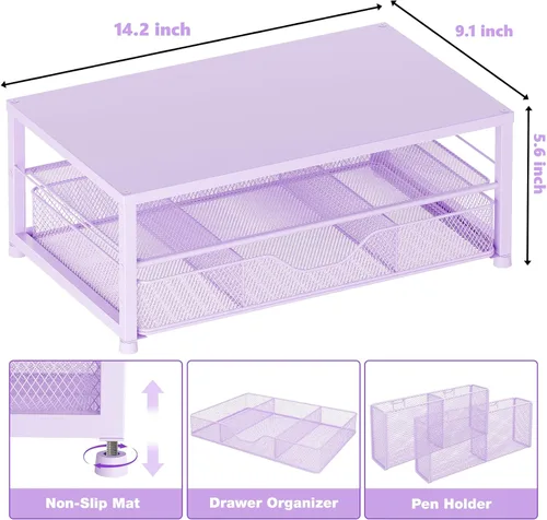Miniatura 3 de OPNICE Soporte elevador de monitor doble con cajón y 2 soportes para bolígrafos, organizador de escritorio para suministros de oficina, soporte