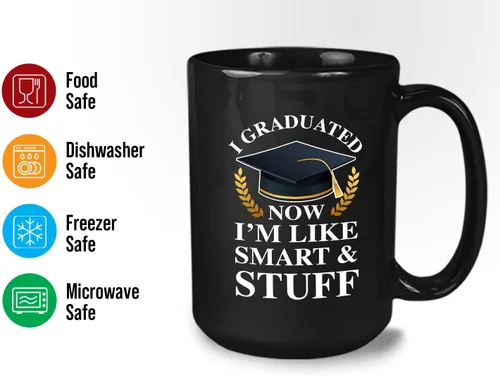 Miniatura 3 de Taza de café de graduación de 15 onzas, color negro, con texto en inglés «Now I'm Like Smart & Stuff – Chistes graduados divertidos, collage tonto