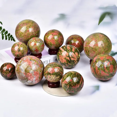 Miniatura 7 de JIC Gem Bola Esférica Pequeña de Cristal Natural de Piedra Unakita Bola de Cristal Curativa con Soporte de Decoración para Meditación Feng Shui