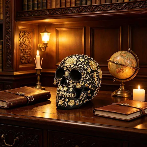 Miniatura 8 de CUZOKOLA - Decoración gótica de calavera dorada más grande para decoración del hogar, escultura de calavera falsa de Halloween, figura de esqueleto