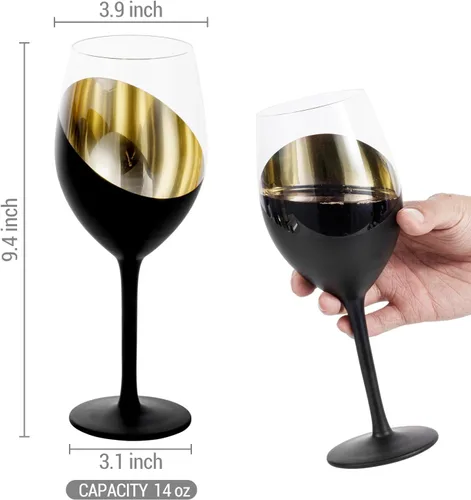 Miniatura 5 de MyGift Copas de vino modernas inclinadas de 14 onzas con tallo negro mate y dorado, diseño elegante en ángulo con copas de cristal de acento Latón