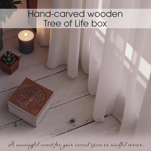 Miniatura 3 de KATINAT Joyero de madera tallado a mano del árbol de la vida – Caja de almacenamiento de recuerdos artesanal, regalo decorativo hecho a mano