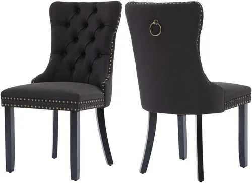 Miniatura 94 de Juego de 2 sillas de comedor de terciopelo, silla de comedor tapizada de alta gama con tirador de anillo en la espalda, adorno de clavos y patas