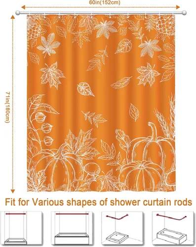 Miniatura 2 de Cortina de ducha de hojas de otoño, cortinas de calabaza para baño, cortina de baño impermeable naranja feliz otoño con ganchos para decoración, 60