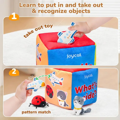 Miniatura 2 de JoyCat Juguetes para bebés de 6 a 12 meses - Caja misteriosa de tela suave con 10 objetos sensoriales, sonajero, papel arrugado, espejo - ¿Qué hay