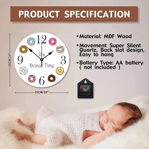 Miniatura 6 de ArogGeld It's Donut Time - Reloj de pared con forma de dona, silencioso, redondo, de madera, funciona con pilas, multicolor, talla única
