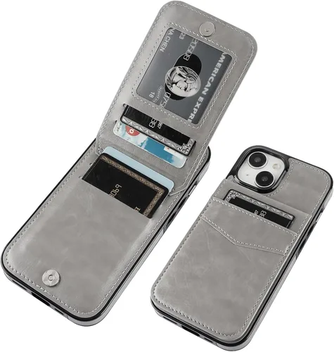 KIHUWEY Funda compatible con iPhone 15 con soporte para tarjeta de crédito, cierre magnético de cuero de alta calidad, función atril, funda Gris