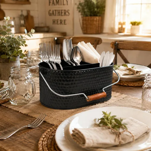 Miniatura 8 de Bedding Craft Organizador de utensilios galvanizado – Soporte de metal para cocina, picnic y fiestas, organizador rústico para negro, cubiertos