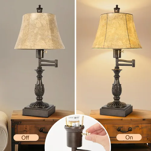 Miniatura 4 de Scenekoy - Juego de 2 lámparas de mesa tradicionales rústicas de 23.5" con brazo oscilante ajustable de 350°, con puertos USB A+C, acabado marrón