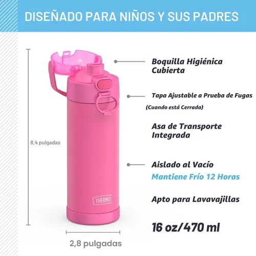 Miniatura 2 de THERMOS FUNTAINER Botella de acero inoxidable con aislamiento al vacío de 16 onzas con tapa ancha de canalón, Rosa Neón