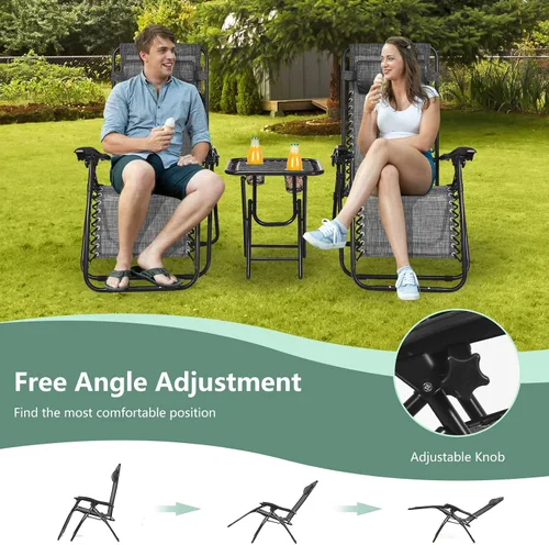 Miniatura 5 de HAPPYGRILL Juego de sillas de salón Zero Gravity con mesa auxiliar, sillas reclinables plegables con mesa auxiliar y almohada, juego de 3 piezas