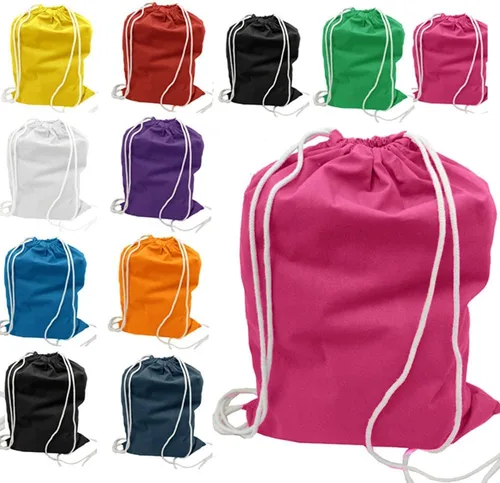 Miniatura 4 de ToteBagFactory Paquete de 6 mochilas de lona de algodón con cordón: blanco, liso, tela reutilizable, 14 pulgadas de ancho x 18 pulgadas de alto