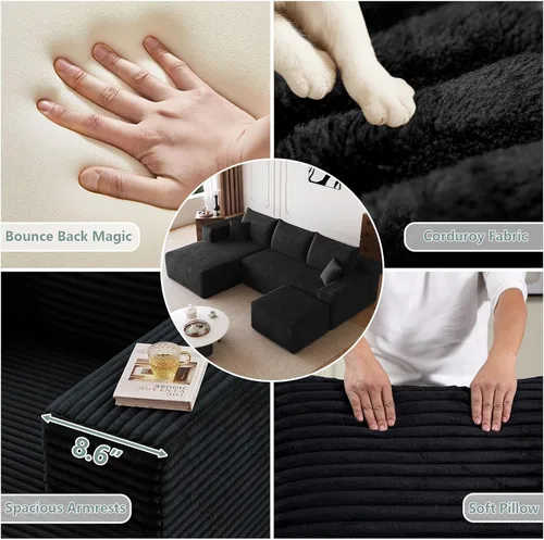 Miniatura 3 de Sofá modular de 95 pulgadas con otomana, moderno sofá nube de pana con asiento profundo, sofá sin hueso tapizado de 3 plazas en forma de U para sala