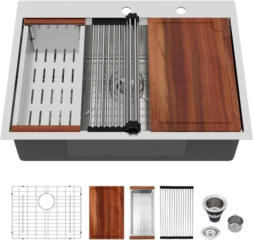 Miniatura 40 de Logmey Fregadero de cocina negro 33x22 empotrable, estación de trabajo de fregadero de cocina, SUS304 calibre 16 acero inoxidable, tazón individual