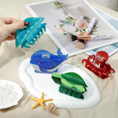 Miniatura 4 de 4 pinzas de pelo de animales marinos para mujeres y niñas, grandes, pinzas de pelo oceánicas, vida marina bajo el mar, tortuga marina, ballena