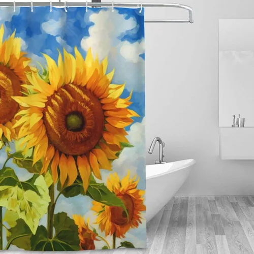 Miniatura 2 de YLATY2314 - Cortina de ducha de girasol para baño, pintura al óleo, hojas verdes, flores, bohemio, tela amarilla abstracta, moderna, impermeable