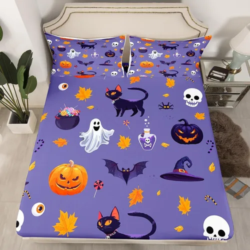 Miniatura 23 de Juego de ropa de cama de Halloween con patrón de sombras kawaii, sábana bajera tamaño queen, decoraciones de calabaza, luces de calabaza góticas