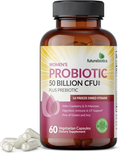 Futurebiotics Probiótico para mujer 50 mil millones de UFC + prebiótico con arándano y D-manosa – Digestión, apoyo del tracto inmunitario y