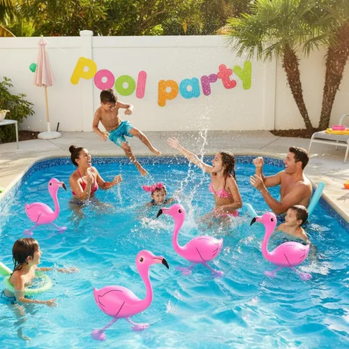 Miniatura 5 de Yaomiao 6 piezas de decoración de fiesta de flamencos en la piscina, 22 pulgadas, inflables de flamencos rosados, juguetes para cumpleaños de Luau