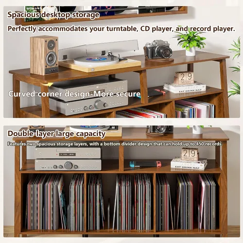 Miniatura 4 de Mxtxmy Soporte grande para tocadiscos, mesa giratoria de mediados de siglo con almacenamiento abierto con capacidad para hasta 450 álbumes, estante