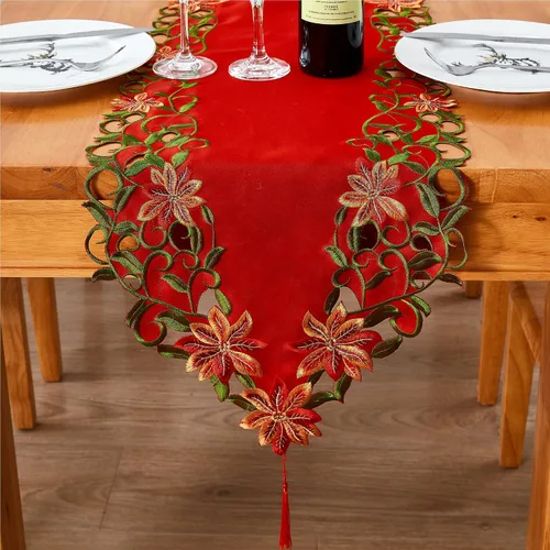 AMARED Caminos de Mesa Bordados de Navidad con Calados de Hojas Verdes Manteles de Mesa Navideños para Decoraciones de Navidad 15x87 Pulgadas