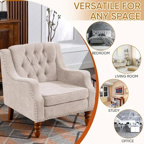 Miniatura 5 de TTK Sillas decorativas de tela de lino, moderna de mediados de siglo, silla decorativa tapizada individual con respaldo, cómoda silla de lectura