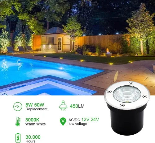 Miniatura 5 de Luces de pozo de iluminación de paisaje, bajo voltaje al aire libre en tierra, 5 W 12 V-24 V, impermeable, luz blanca cálida de 3000 K para jardín