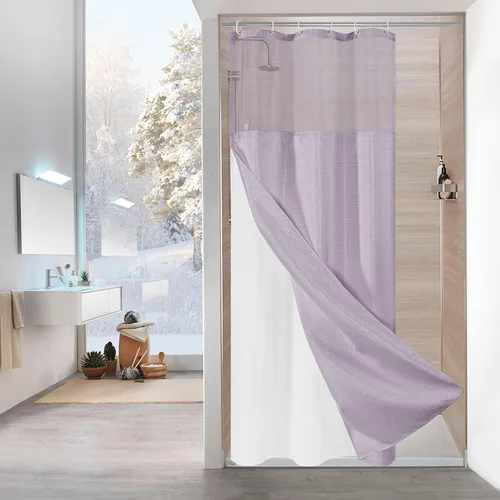 Miniatura 40 de MitoVilla Cortina de ducha pequeña beige de 36 x 72 pulgadas, juego de cortina de ducha de tela de punto gofre de tamaño medio estrecho con forro