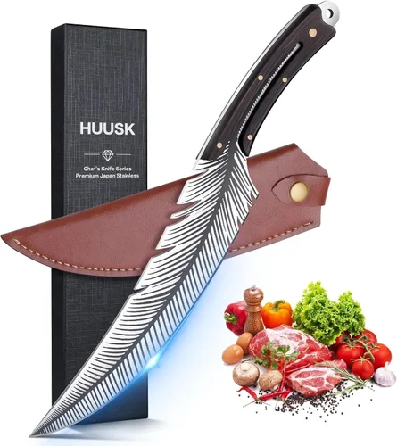 Huusk - Cuchillo japonés de plumas, cuchillo vikingo forjado a mano, cuchillo de carnicero de acero de alto carbono, cuchillo de deshuesado para