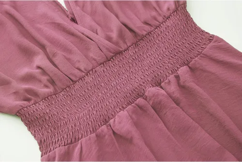 Miniatura 30 de Vestido largo de encaje para mujer de manga corta y cuello en V, vestido de fiesta estilo bohemio con cintura fruncida, vestido bohemio para mujer