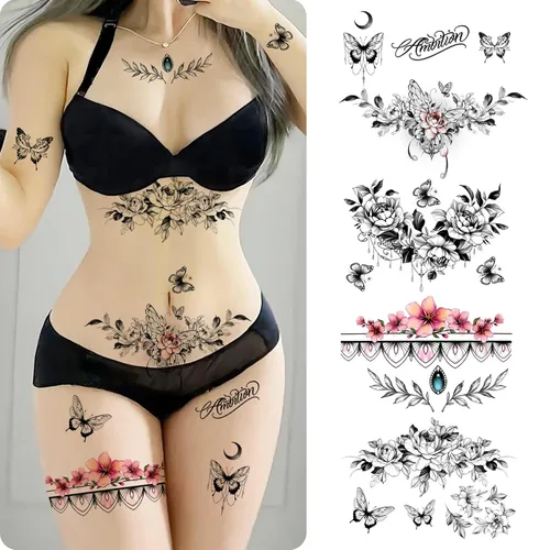 Miniatura 7 de ROARHOWL Conjunto de tatuajes temporales sexy para mujeres, tatuaje sexy hermoso y exquisito 3D con flores realistas, mariposas, abdomen, pecho