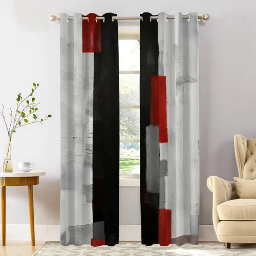 Miniatura 146 de Shrahala Beige and Orange Abstract Art Brushstrokes Blackout Curtain Tiers, Abstract Oil Paint Kitchen Valance Light Blocking Tier Drapes with Rod
