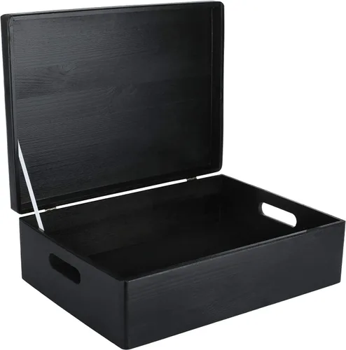 Creative Deco Caja de Almacenamiento de Madera Negra XL con Tapa con Bisagras | 15.8 x 11.8 x 5.5 pulgadas (+-0.5) | con Asas | Caja de Regalo Negro