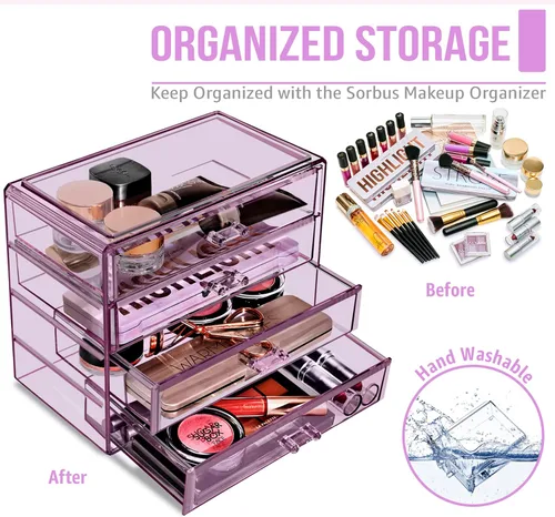 Miniatura 5 de Sorbus Organizador de Maquillaje – Organizadores de Maquillaje Acrílicos de 4 Cajones y Almacenamiento para Cosméticos, Joyas, Suministros de Morado