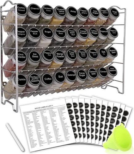 SWOMMOLY Organizador de especias con 36 tarros de especias cuadrados vacíos, 396 etiquetas de especias con marcador de tiza y embudo completo, para