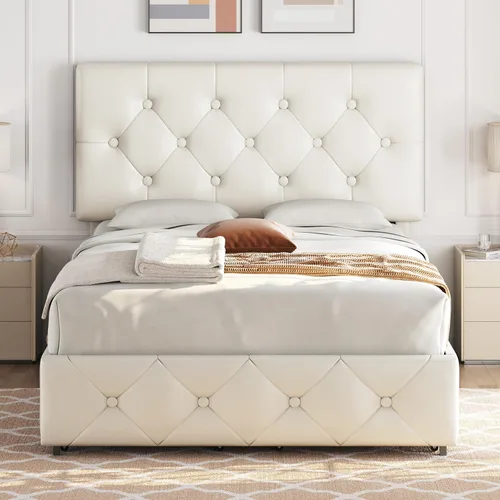 Miniatura 20 de Topeakmart Base de cama de plataforma tapizada tamaño Queen con cabecera ajustable en altura y 3 cajones de almacenamiento, base de colchón de piel