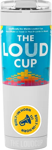 The LoudCup - Botella de agua reutilizable de 23 onzas (blanco hielo) - Vaso de viaje 2 en 1 y Noisemaker - Sin BPA, bocina de soplado y taza con