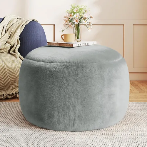 Miniatura 8 de Puf otomano redondo de relleno, pufs de piel sintética con relleno de espuma viscoelástica, otomanas para sala de estar, guardería, dormitorio, Gris