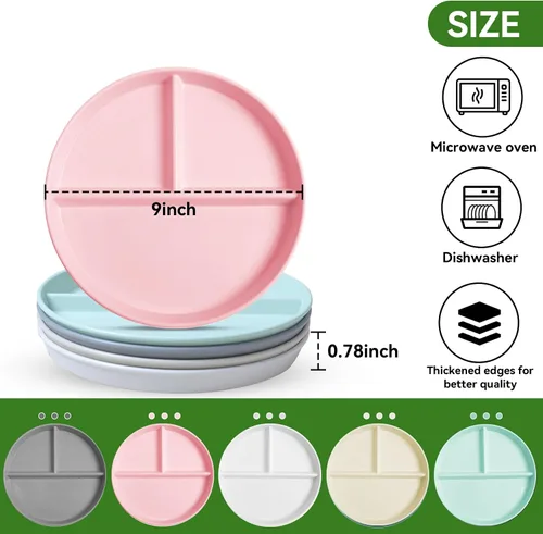 Miniatura 5 de Platos divididos irrompibles para niños y adultos 9 pulgadas 5 piezas, plato redondo de control de porciones, platos de 3 compartimentos