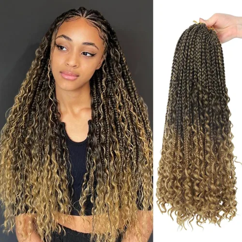 Miniatura 94 de Goddess Box Braids - Trenzas de cabello a ganchillo con extremos rizados, trenzas de caja bohemianas de 16 pulgadas, trenzas de ganchillo, 8 1B-4-30