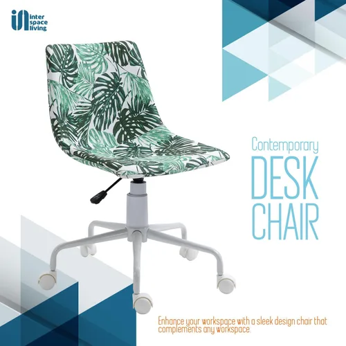 Miniatura 3 de Silla de escritorio de oficina sin brazos en vinilo con estampado de hojas de plátano (blanco) – Silla ergonómica de respaldo medio con ruedas, sin