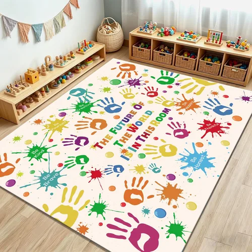 Alfombra colorida para niños, alfombra lavable para niños, alfombras de área de huellas de manos para dormitorio de niños, alfombra de juego