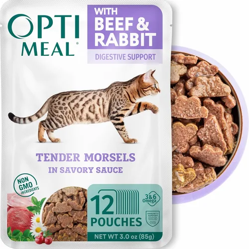 Optimeal Comida húmeda para gatos sin grano en sobres – Carne de res y conejo en salsa sabrosa, alto contenido en proteínas y tiernos trozos ricos